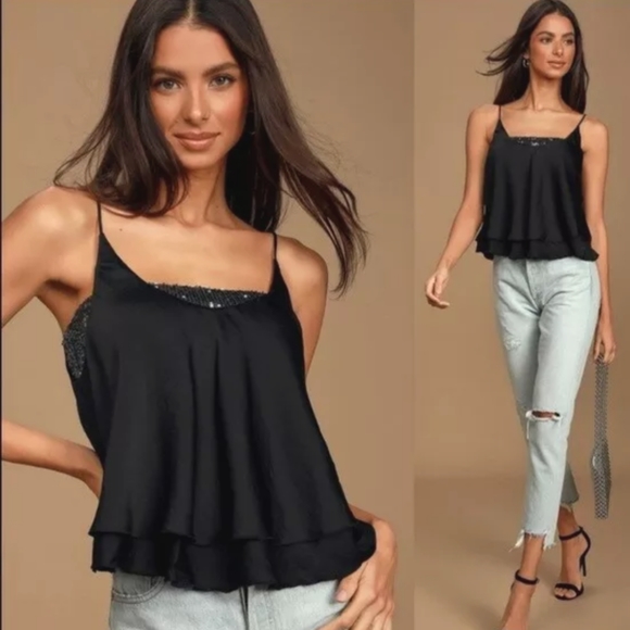 FREE PEOPLE NWT - black cami with sequins … - Picture 1 of 12
